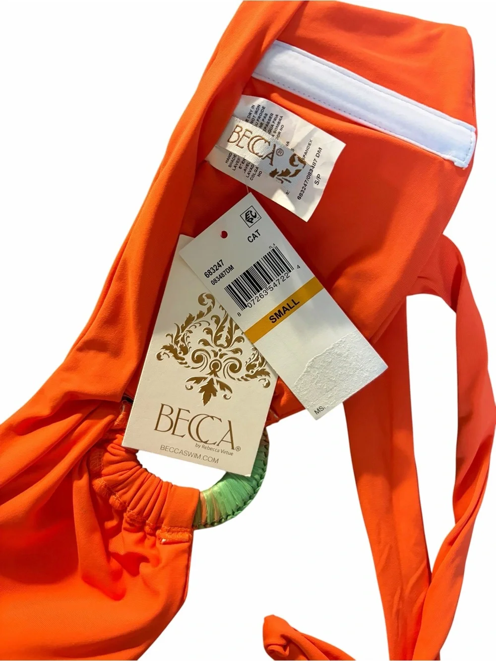 NWT BECCA Baja Mar Harmony Bandeau Bikini Top S Neon Orange Halter Swim